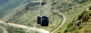 Wings of Tatev cable car traveling above the mountains of southern Armenia near Tatev Monastery