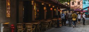 Outdoor café and pedestrian street at Xintiandi with restaurants, people walking, and warm evening lighting