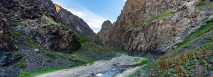 Rocky canyon trail in Yolyn Am, Gobi Gurvansaikhan National Park, Mongolia with steep cliffs and green valley