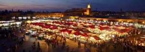 Night market and food stalls at Jemaa el-Fnaa square in Marrakech, Morocco